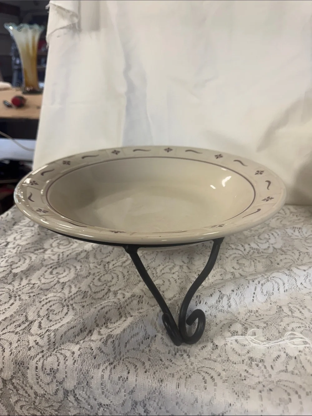 Longaberger 12in. Red Traditional Serving Bowl with Wrought Iron Stand